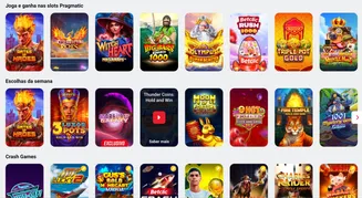 Interface de casino online com slots populares como Gates of Hades, Gates of Olympus, Big Bass Bonanza e Betclic Rush 1000 organizadas por categorias